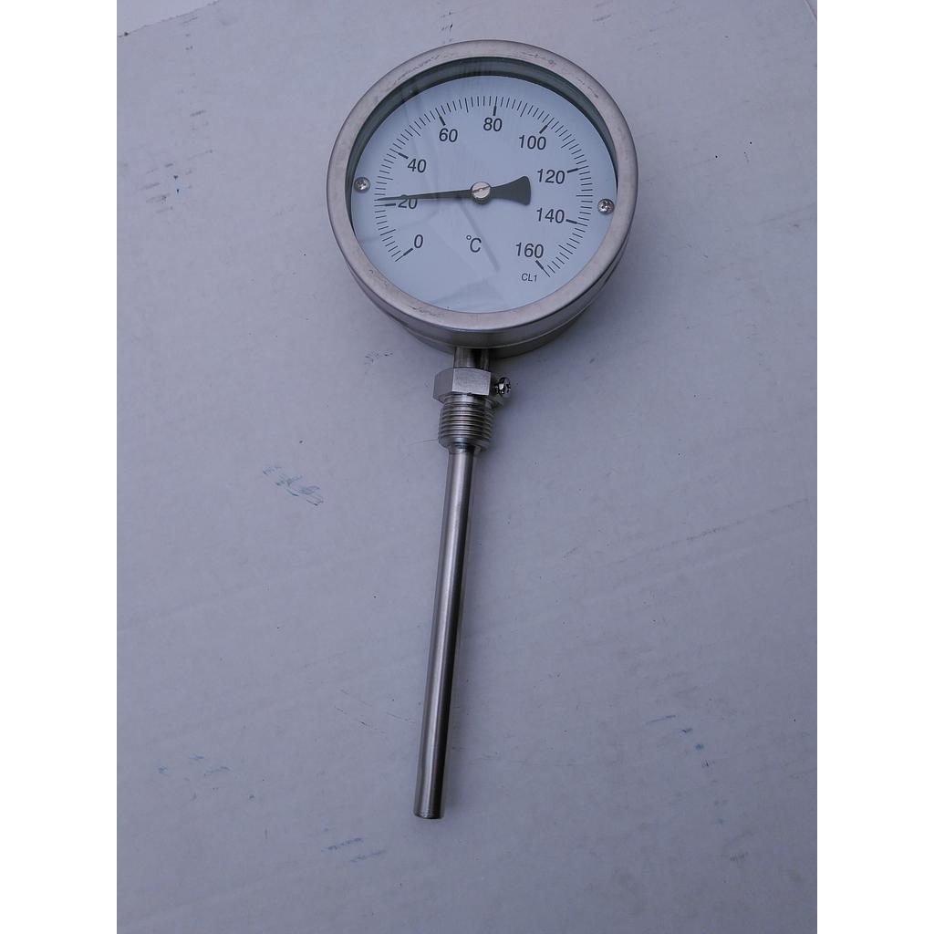 Termometro bimetallico - Cassa inox Diametro 100mm - Bulbo radiale inox aisi 316 completo di pozzetto inox aisi 316 con attacco 3/8" GAS maschio - Lunghezza 250mm - Campo 0/160°C