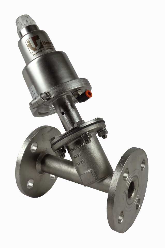Valvola pneumatica On-Off - Corpo inox aisi 316 A351 CF8M - Tenuta Epdm - Attacchi flangiati con flange inox aisi 304 ridotte di spessore e diametro - DN25 - Testata inox aisi 304 T.70 con Dispositivo Visivo + Raccordo rapido x Tubo Rilsan d.6 mm - Dp. 9,5 Bar - Funzione: 2 Vie Normalmente Chiusa - Cod. 12280 - Mod. IVFL - Italvalvole