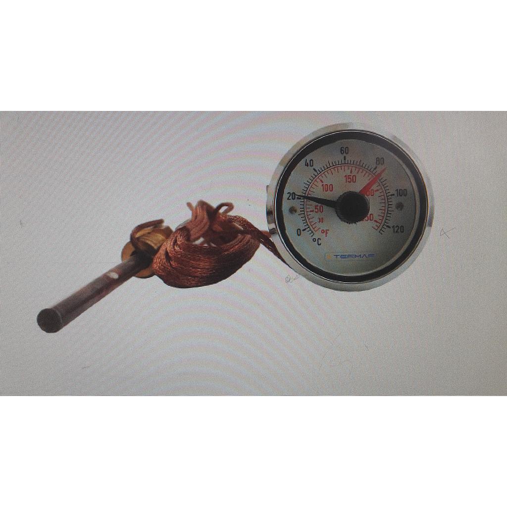 TELETERMOSTATO CON SONDA Ø 63mm 1/2" 0-250°C - cod. P.0950 Termostato elettrico con impostazione frontale  della temperatura tramite pomello - Contatto elettrico a microinterruttore SPDT , con differenziale da 4 a 15 °C -  Capillare in Rame protetto , bulbo in Rame  con attacco in Ottone 1/2" gas m. - Alimentazione 250VAC-5A - cod.P0950  