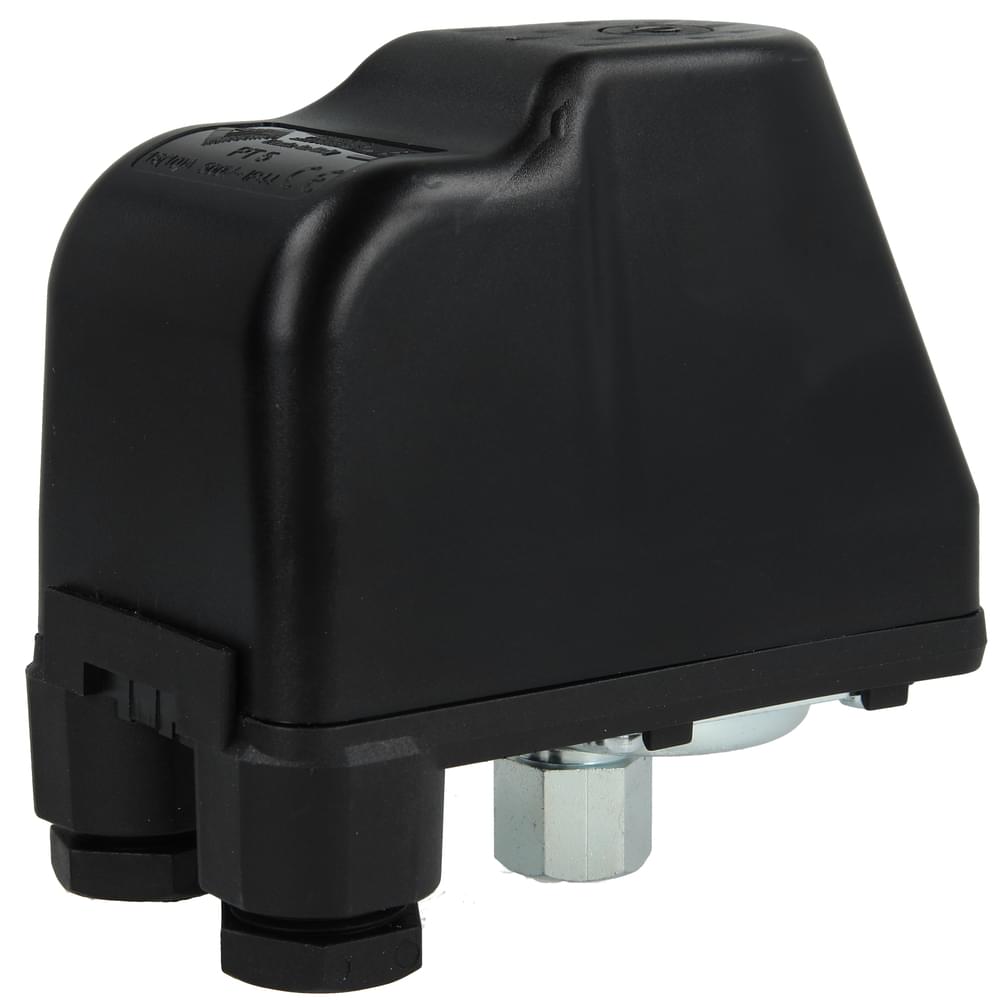 Pressostato per autoclavi Tripolare PT5 - campo 1-5 Bar - Membrana in gomma NBR con inserto tessile alimentare - connessione 1/4" Femmina in acc. zincato - IP44 - Temp. max ambiente 55°C - Tensione nominale 500V - Pressacavi antistrappo - cod.4006.05