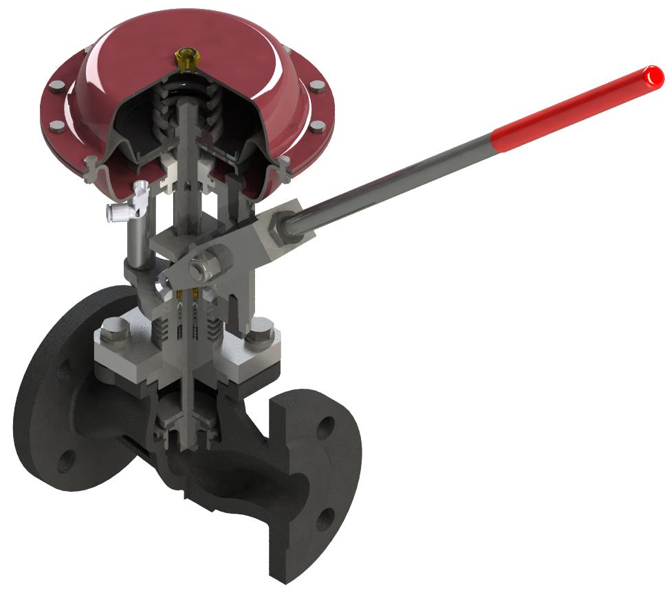 Valvola pneumatica defangatrice DN025 PN40 WCB - Corpo acciaio carbonio , otturatore inox  con tenuta in Peek , testata pneumatica  D.205 con molle per segnale aria compressa 6/30 psi - Completa di Leva manuale - Mod.PCVR21_025_1_3_W_HT_D_EF