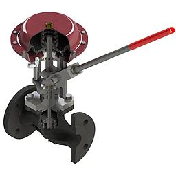 Valvola pneumatica defangatrice DN025 PN40 WCB - Corpo acciaio carbonio , otturatore inox  con tenuta in Peek , testata pneumatica  D.205 con molle per segnale aria compressa 6/30 psi - Completa di Leva manuale - Mod.PCVR21_025_1_3_W_HT_D_EF