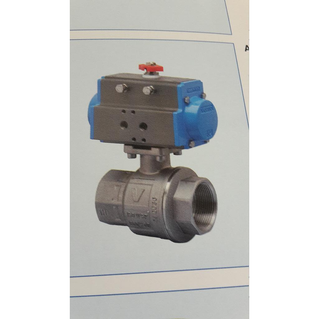 Valvola a sfera monoblocco - corpo inox aisi 316 - Sfera inox Aisi 316 - Tenuta Teflon - Filettata FF - 2" Gas - Flangetta ISO5211 - completa di attuatore pneumatico a doppio effetto DA52 - Cod.Art.8P00030010 