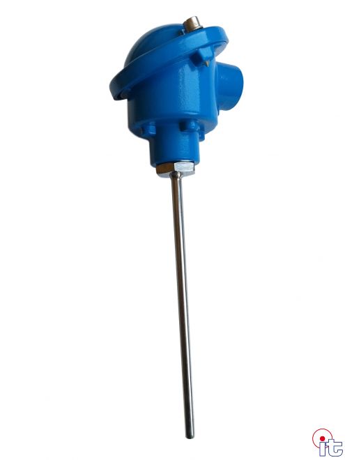 Termoresistenza PT100 - Testa B con Trasmettitore DAT 1010 4/20 mA - Tarato 0/+50°C - Stelo liscio inox Aisi 316 senza attacco - 6 x 300 mm sotto testa - SPTCO630---50