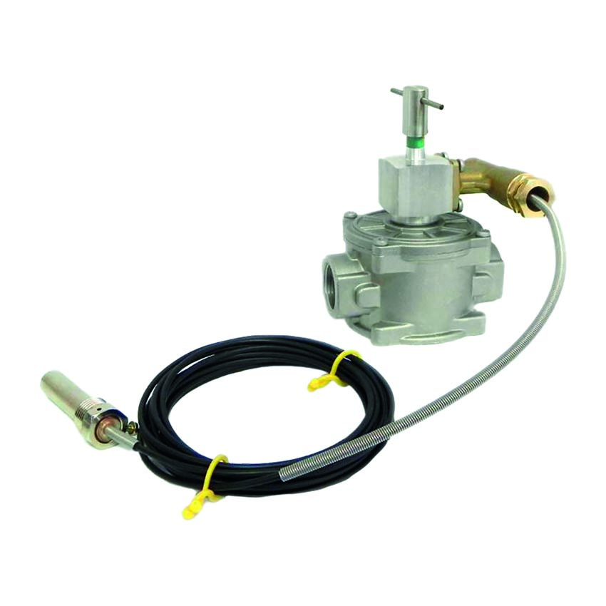 Valvola di intercettazione Combustibile, filettata f.f. gas  1" - Corpo in Alluminio, press. max 1 Bar, temper. -15 / +70C, Tarata 98°C, Capillare 5 mt. con Pozzetto in ottone attacco 1/2" gas maschio, interasse mm 120 - Mod.VIC04 - cod.050402 - Madas - Completa di Certificato INAIL con Matricola (Certificato da conservare con cura - Non possibile avere duplicati)