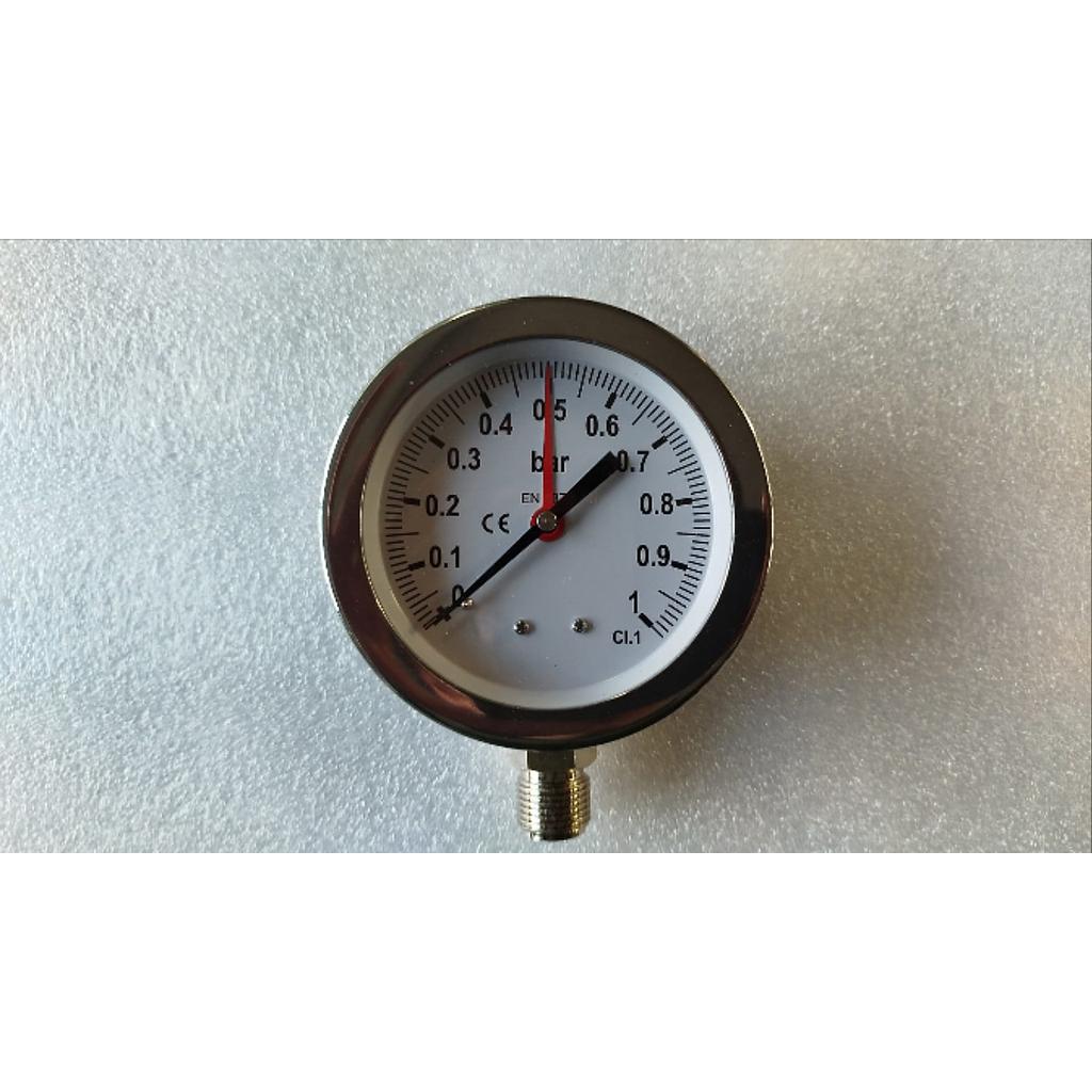 MANOMETRO A SECCO CON CASSA INOX - DN 100 - SCALA 0/1 bar  - CON LANCETTA ROSSA SUL QUADRANTE -  QUADRANTE IN ALLUMINIO FONDO BIANCO C/SCALA SERIGRAFATA IN NERO - INDICE  IN ALLUMINIO OSSIDATO NERO C/DISPOSITIVO DI AZZERAMENTO  -  CASSA E ANELLO A BAIONETTA  AISI 304  -  TRASPARENTE  VETRO sp. 3 mm  - GUARNIZIONE E TAPPO DI SICUREZZA NBR - ATTACCO  RADIALE  1/2"-M (ISO 228-1)  IN OTTONE NICHELATO - MOLLA BOURDON BRONZO FOSFOROSO CuSn8 - SALDATURE LEGA Sn - IP 55 (CEI EN 60529) - CLASSE 1 ( UNI EN 837.1) 	- ( Indice Rosso posizionato  a 0,5 Bar )
