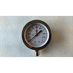 MANOMETRO A SECCO CON CASSA INOX - DN 100 - SCALA 0/1 bar  - CON LANCETTA ROSSA SUL QUADRANTE -  QUADRANTE IN ALLUMINIO FONDO BIANCO C/SCALA SERIGRAFATA IN NERO - INDICE  IN ALLUMINIO OSSIDATO NERO C/DISPOSITIVO DI AZZERAMENTO  -  CASSA E ANELLO A BAIONETTA  AISI 304  -  TRASPARENTE  VETRO sp. 3 mm  - GUARNIZIONE E TAPPO DI SICUREZZA NBR - ATTACCO  RADIALE  1/2"-M (ISO 228-1)  IN OTTONE NICHELATO - MOLLA BOURDON BRONZO FOSFOROSO CuSn8 - SALDATURE LEGA Sn - IP 55 (CEI EN 60529) - CLASSE 1 ( UNI EN 837.1) 	- ( Indice Rosso posizionato  a 0,5 Bar )
