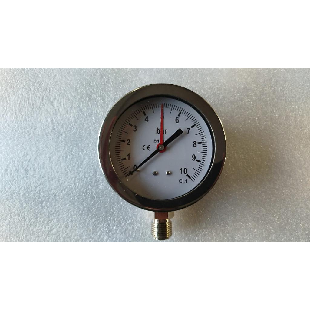MANOMETRO A SECCO CON CASSA INOX - DN 100 - SCALA 0/10 bar  - CON LANCETTA ROSSA SUL QUADRANTE -  QUADRANTE IN ALLUMINIO FONDO BIANCO C/SCALA SERIGRAFATA IN NERO - INDICE  IN ALLUMINIO OSSIDATO NERO C/DISPOSITIVO DI AZZERAMENTO  -  CASSA E ANELLO A BAIONETTA  AISI 304  -  TRASPARENTE  VETRO sp. 3 mm  - GUARNIZIONE E TAPPO DI SICUREZZA NBR - ATTACCO  RADIALE  1/2"-M (ISO 228-1)  IN OTTONE NICHELATO - MOLLA BOURDON BRONZO FOSFOROSO CuSn8 - SALDATURE LEGA Sn - IP 55 (CEI EN 60529) - CLASSE 1 ( UNI EN 837.1) 	- ( Indice Rosso posizionato  a 5 Bar )
 