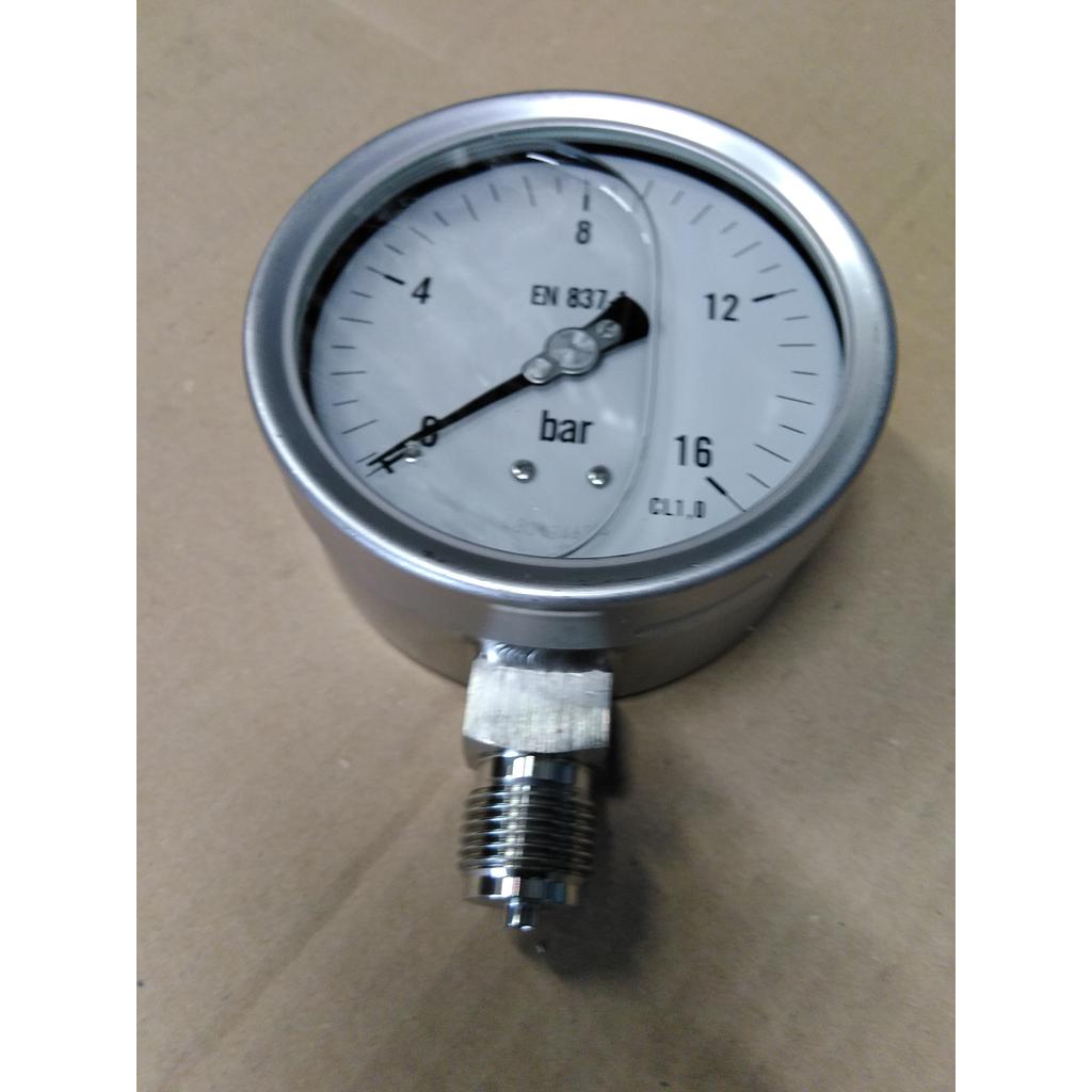 Manometro Tutto Inox - Diametro 100 mm - Attacco radiale inox Aisi 316 da 1/2" Filettato Gas Maschio - Campo 0-16 Bar - Quadrante a bagno di Glicerina - Cl.0,5