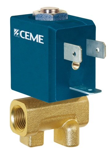 Elettrovalvola in Ottone ad  Azione Diretta 2/2-NC - f.f. gas 1/8" - tenuta  NBR - Passaggio int.2 mm - DP 0-7 Bar - Completa di Bobina 24VDC - Mod.5510NB2,0SA01 CEME