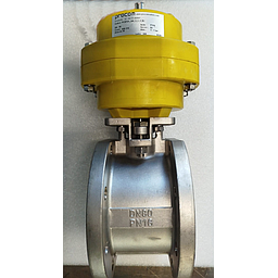 Valvola a Sfera 2V1PW DN080 - Corpo Inox Aisi 316 - Tipo wafer per flange PN16 - Corpo/sfera: Inox Aisi 316 - Sede: PTFE - Attuatore pneumatico a doppio effetto Baiby 2 - Cod. PCSFDV_080_0_5_4_B2