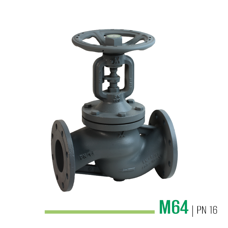 Valvola manuale DN150 PN16, corpo in Ghisa Sferoidale EN-GJS-400-18-LT-PN16, flusso avviato, tenuta su stelo a Soffietto, coperchio a vite esterna, tenuta su  Otturatore: Ptfe/Grafite. Fig.64/T - Mival     