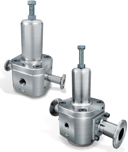 Riduttore di pressione MOD. TCR6X-II Pharma , ( Per gas Azoto ) Materiali: corpo, campana e interni in acciaio inox 316 L, O.ring e membrana EPDM - Pressione Ingresso max: 60 bar - Campo pressione uscita: 0,3-3 Bar Connessioni ingresso/uscita: 1/2" Clamp (diam.est.flangetta 25mm secondo ASME BPE ) Attacco manometro: 1/4” Gas F 