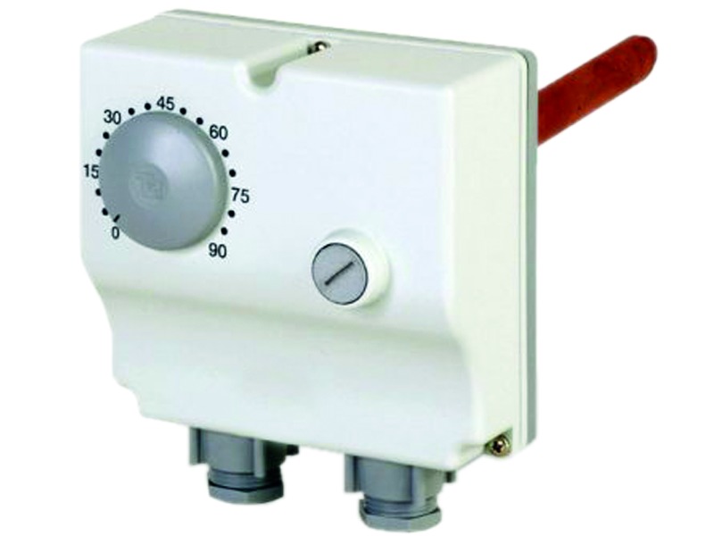 Bi-Termostato in custodia ad immersione a Dilatazione di Liquido - Scala di Regolazione 0°- 90°C - Intervento di Riarmo Manuale a 100°C - Completo di Pozzetto in Rame con attacco da 1/2" Gas Maschio - Certificato INAIL - cod. 2558.03