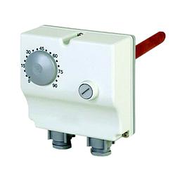 Bi-Termostato in custodia ad immersione a Dilatazione di Liquido - Scala di Regolazione 0°- 90°C - Intervento di Riarmo Manuale a 100°C - Completo di Pozzetto in Rame con attacco da 1/2" Gas Maschio - Certificato INAIL - cod. 2558.03