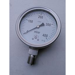 Manometro cassa inox diam. 100 - Aria/Gas - Campo 0-400 mbar - Attacco radiale inox 1/2" Gas Maschio - Elemento interno capsula inox 