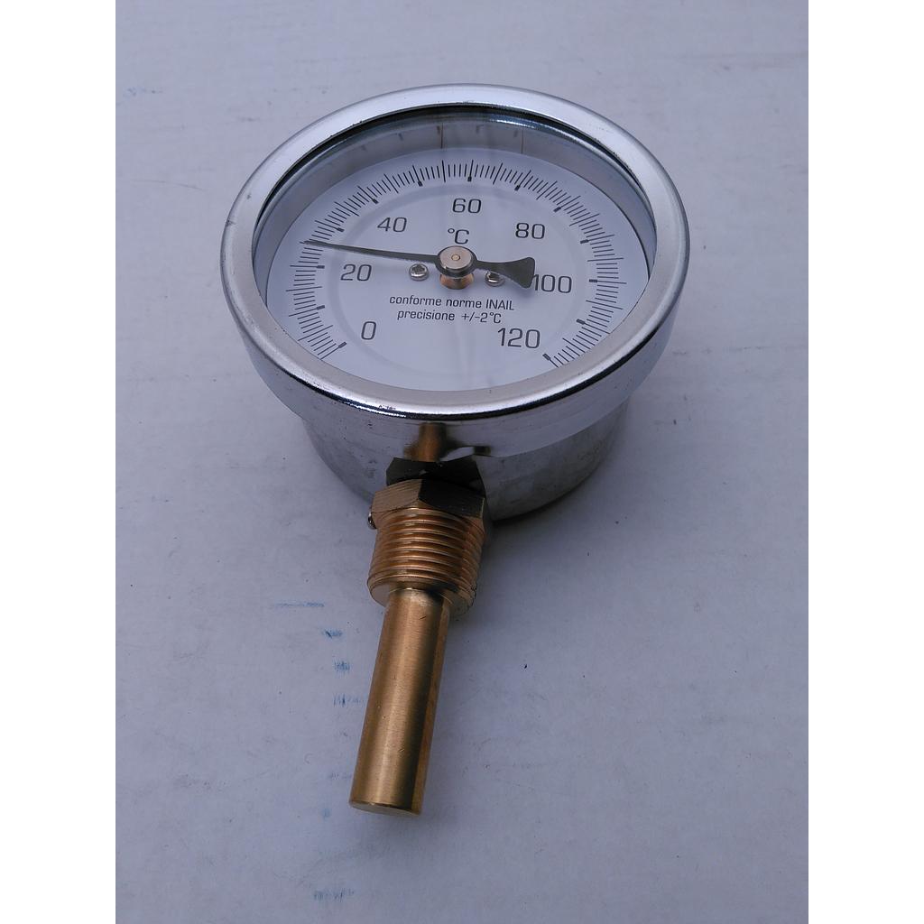Termometro bimetallico in Ottone - Diam. 80 mm - bulbo Radiale con Pozzetto in Ottone, filettato 1/2" G.M. L=50mm - campo 0-120° 