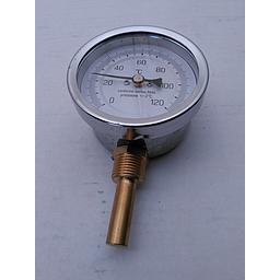 Termometro bimetallico in Ottone - Diam. 80 mm - bulbo Radiale con Pozzetto in Ottone, filettato 1/2" G.M. L=50mm - campo 0-120° 