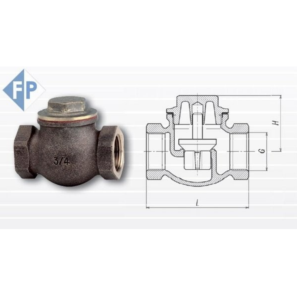 Valvola di Ritegno a piattello, corpo in Bronzo, tenuta in PTFE/Grafite, Guarnizione in Teflon su tappo, attacchi filettati Gas 1 1/2&#34; - Mod.049B07