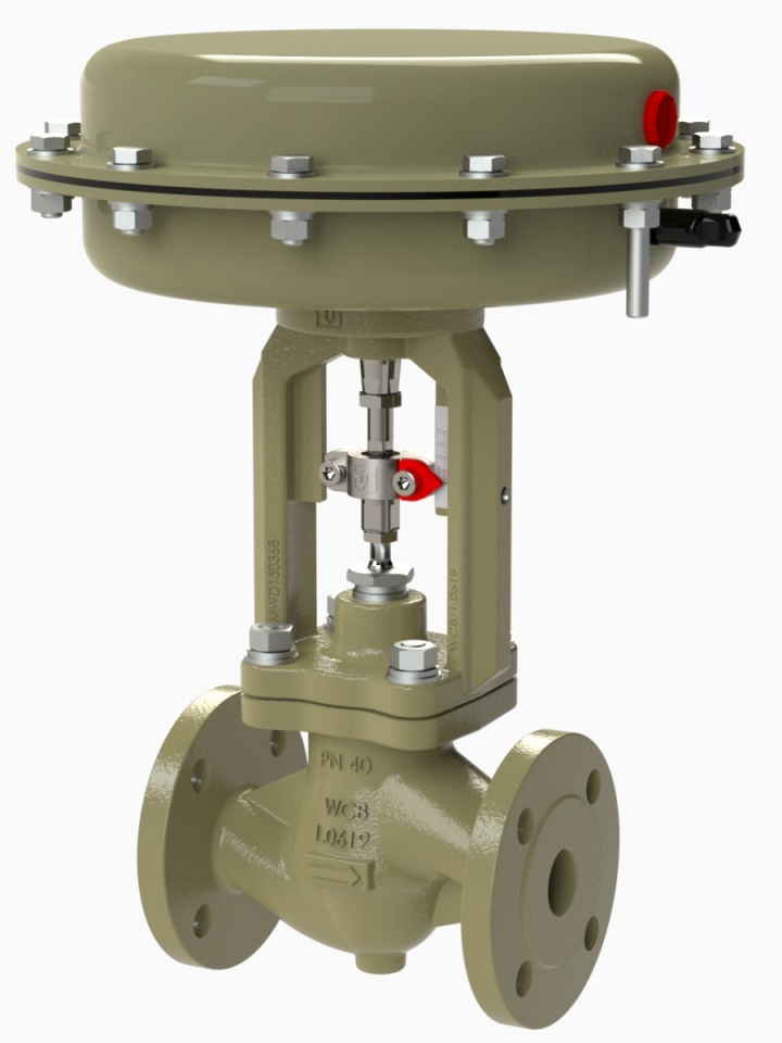 Valvola pneumatica Italvalvole flangiata PN16 DN50 - corpo in ghisa GJL 250 - Testata 275 - 3-15 psi - tenuta su otturatore in PEEK - vite premistoppa + viti corpo in acciaio inox - DP 4 bar - mod. SBS/16 A62 C.20 - cod. 17637