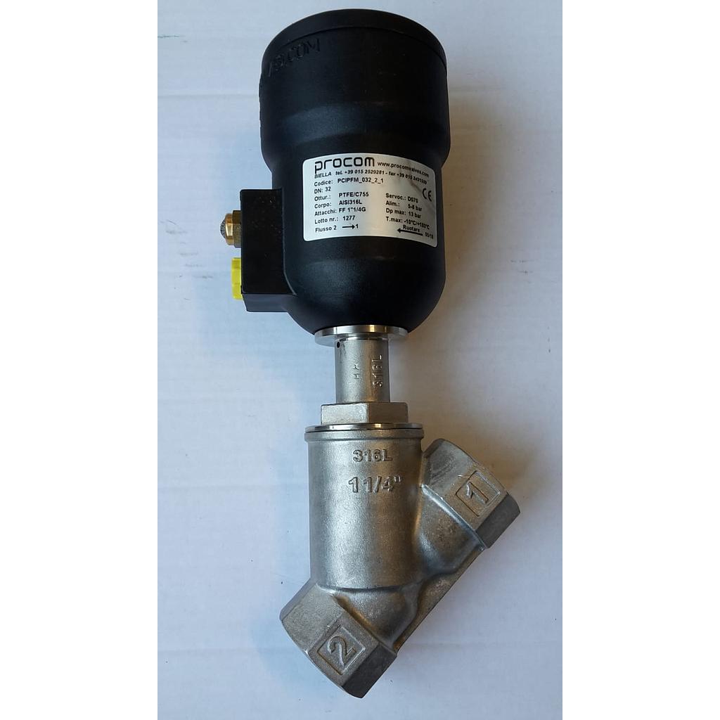 Valvola pneumatica On-Off a flusso libero - corpo microfuso inox316L PN25 , filettato FF gas 1 1/4" - Testata Nylon T70 - Press.diff.max 13 Bar - PCIPFM_032_2_1