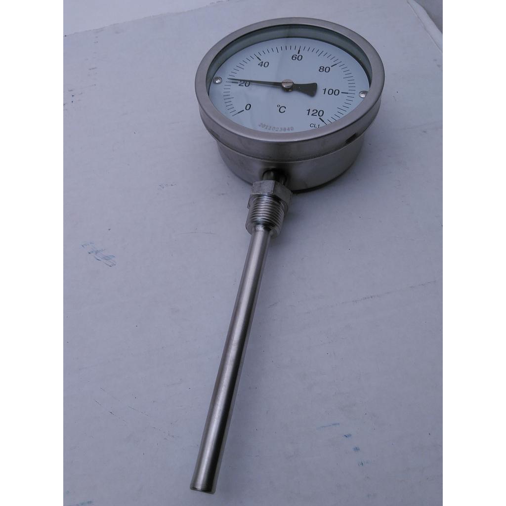 Termometro bimetallico - cassa inox D 100mm - bulbo radiale inox 316 completo di pozzetto inox 316 con attacco 1/2" GAS maschio lunghezza 150mm - campo 0/120°C