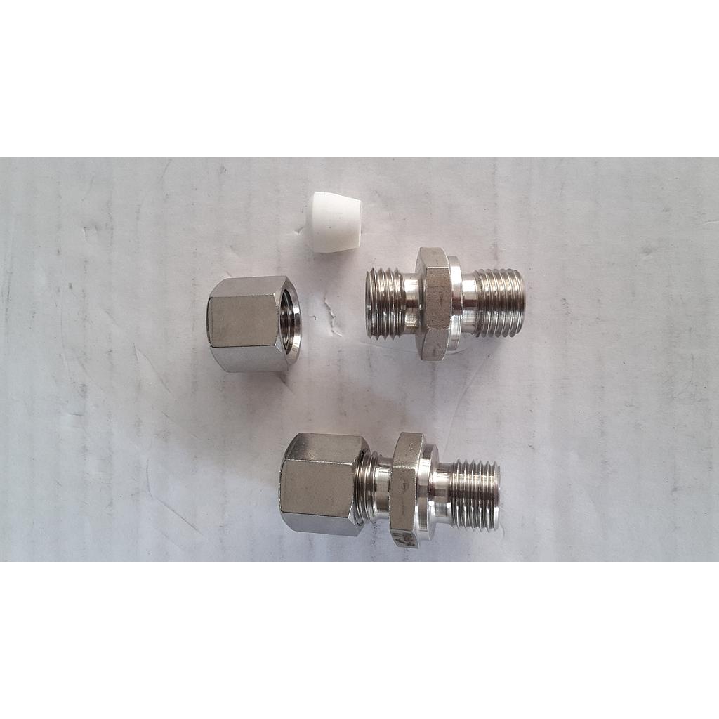Raccordo diritto inox 316Ti con ogiva di Teflon - attacco Gas Maschio Cilindrico 1/4&#34; - tubo 6 passante - per PT100 - SR-510TP6LG14