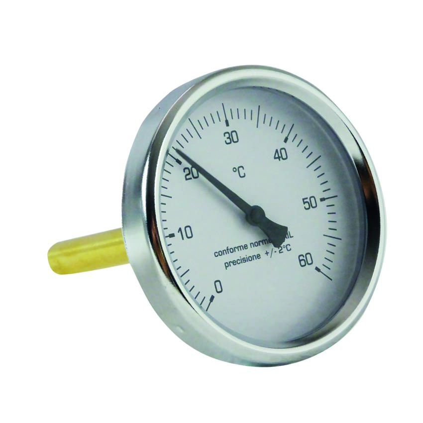 Termometro Bimetallico in Ottone - Diam. 80 mm - bulbo Posteriore con Pozzetto in Ottone, filettato 1/2&#34; G.M. L=50mm - campo 0-60° 