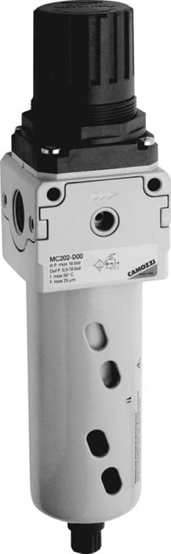 Filtro - riduttore per aria compressa, tipo Camozzi MC202-D00, Pin=16 bar, campo regolazione 0,5-10 bar - Filettato FF 1/2" - T.Max 50° - F.Max 25μm