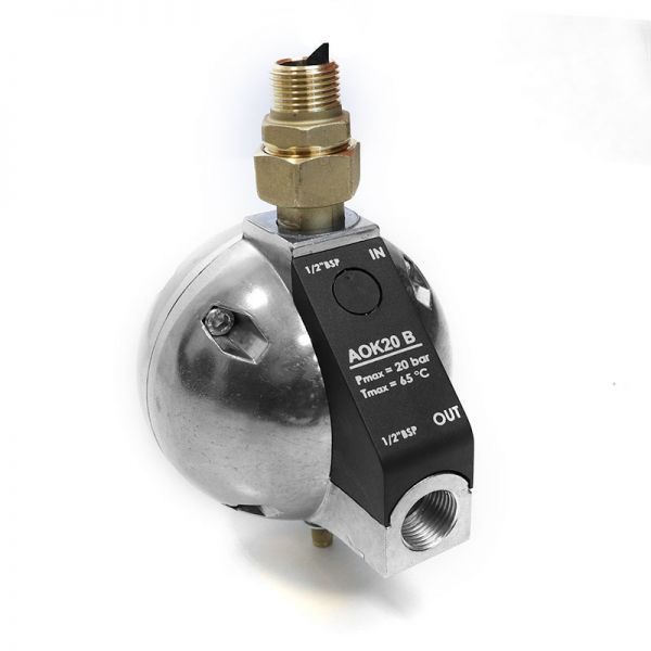 Scaricatore di condensa  a galleggiante , per Aria compressa  , corpo in Alluminio - press. max. 20 Bar - attacchi  a squadra  ff gas  1/2" - (Con Nipplo/tubo ricircolo) - mod. SCG / AOK 20B 