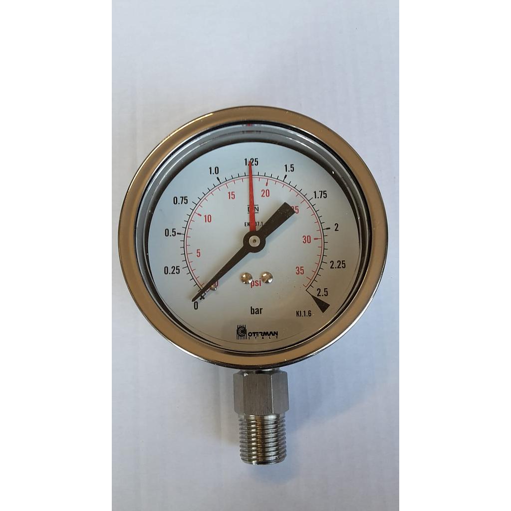 Manometro inox D.100,Indice Rosso - campo 0 - 2,5 Bar (0 - 36 Psi ) 