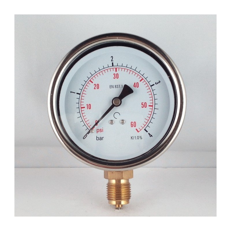 Manometro cassa inox - diametro 80 MM - per Vapore - Attacco radiale in ottone da 3/8" Filettato Gas Maschio - Campo 0-4 Bar - Quadrante asciutto