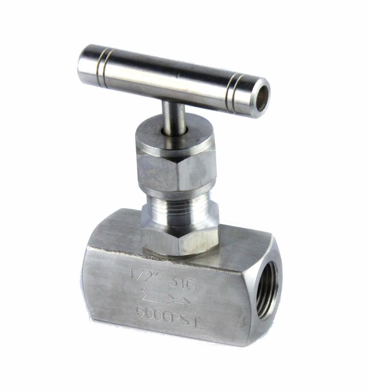 Valvola manuale a spillo, corpo da barra inox Aisi 316 - S3000Psi, attacchi filettati gas FF 1/2&#34; - Movimento con barretta inox aisi 304