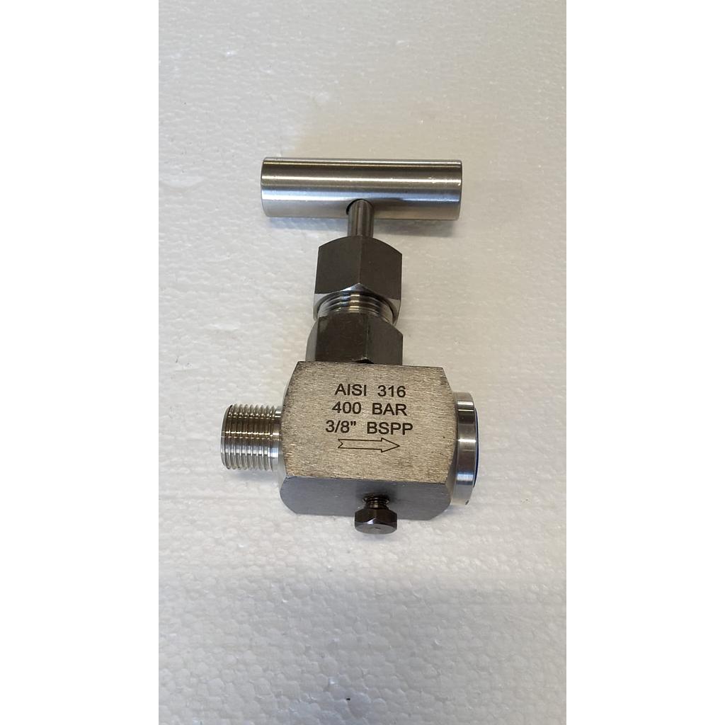 Valvola manuale a spillo - corpo da barra inox Aisi 316 - S3000Psi, attacchi filettati gas MF 3/8" - Movimento con barretta inox 304 - Vite drenaggio corpo