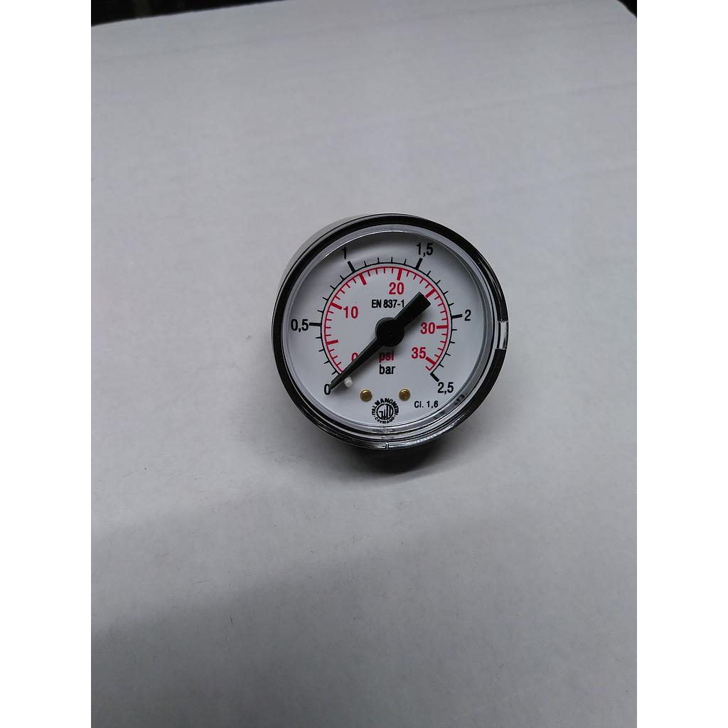 Manometro in ABS per aria compressa diam. 40 mm - Campo 0-2,5 Bar/Psi - attacco posteriore in ottone da 1/8&#34; Gas Maschio