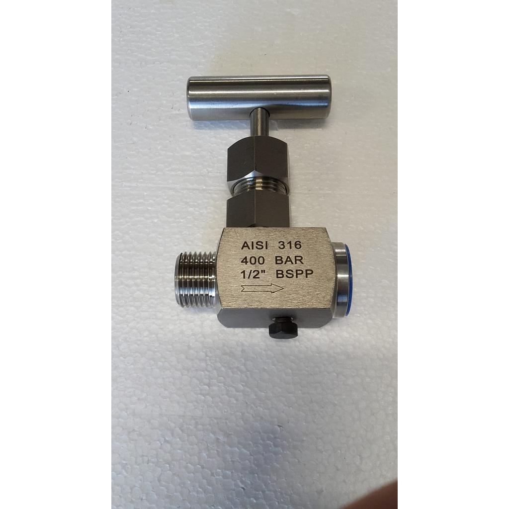 Valvola manuale a spillo, corpo da barra inox Aisi 316 - PN400 - attacchi filettati gas   MF 1/2" - Movimento con barretta inox aisi 304 - VALIN - 2W