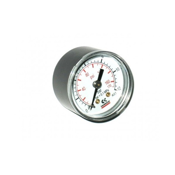 Manometro in ABS per aria compressa diam. 43 mm - Campo 0-12 Bar/Psi - attacco posteriore in ottone da 1/8" Gas Maschio - M043-P12