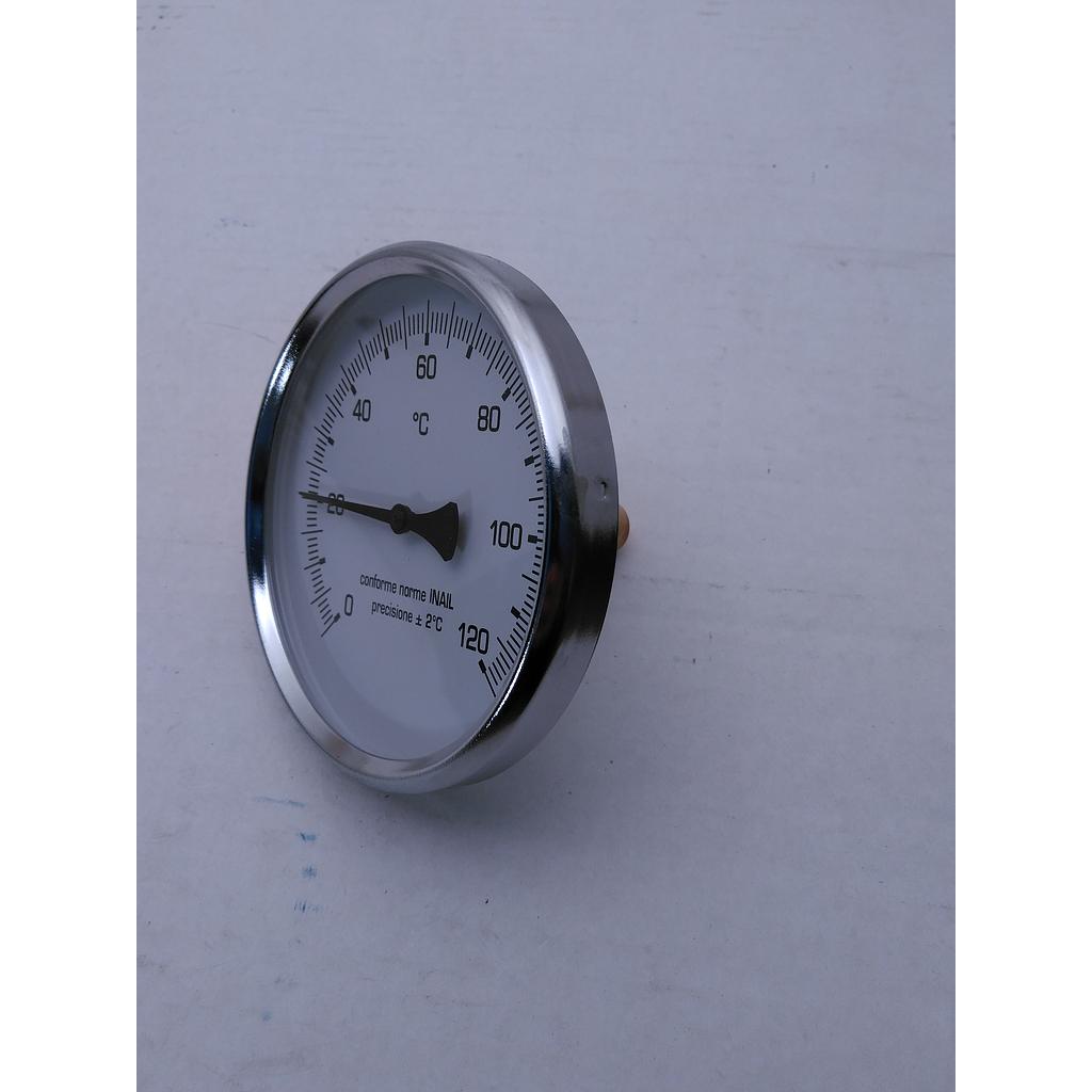 Termometro Bimetallico in Ottone - Diam. 100 mm - bulbo Posteriore con Pozzetto in Ottone, filettato 1/2" G.M. L=50mm - campo 0-120° 