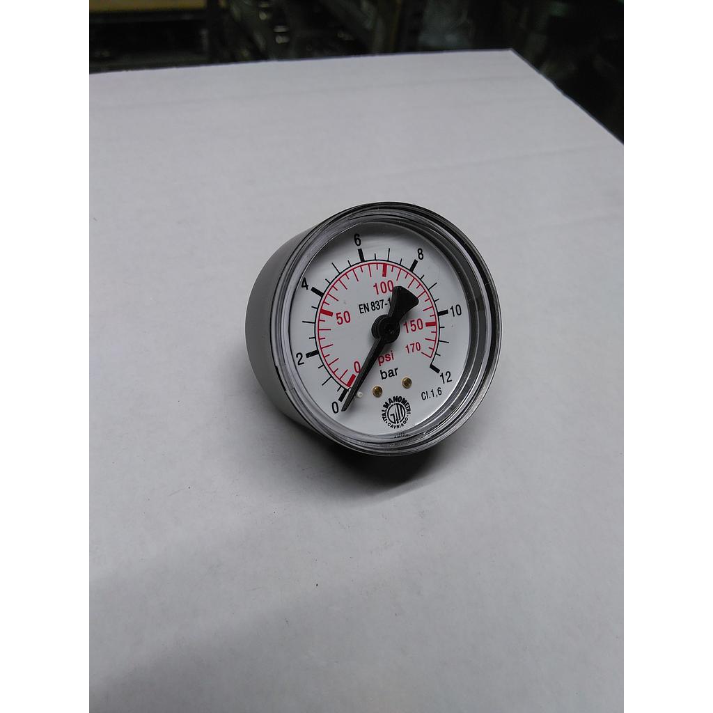 Manometro aria compressa diam. 53 mm - campo 0-12 Bar/Psi - attacco posteriore 1/8" Gas Maschio (M053-P12)