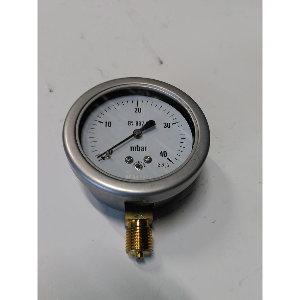 Manometro cassa inox - diametro 63 MM - per uso Gas - Attacco radiale in ottone da 1/4" Filettato Gas Maschio - Elemento interno capsula in ottone - Campo 0-40 mbar - Quadrante asciutto