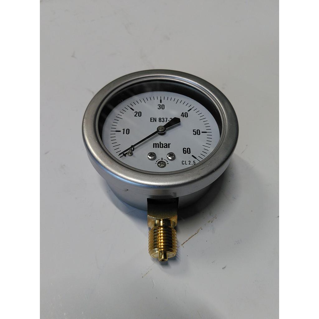 Manometro cassa inox - diametro 63 MM - per uso Gas - Attacco radiale in ottone da 1/4" Filettato Gas Maschio - Elemento interno capsula in ottone - Campo 0-60 mbar - Quadrante asciutto