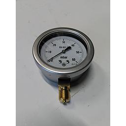 Manometro cassa inox - diametro 63 MM - per uso Gas - Attacco radiale in ottone da 1/4" Filettato Gas Maschio - Elemento interno capsula in ottone - Campo 0-60 mbar - Quadrante asciutto