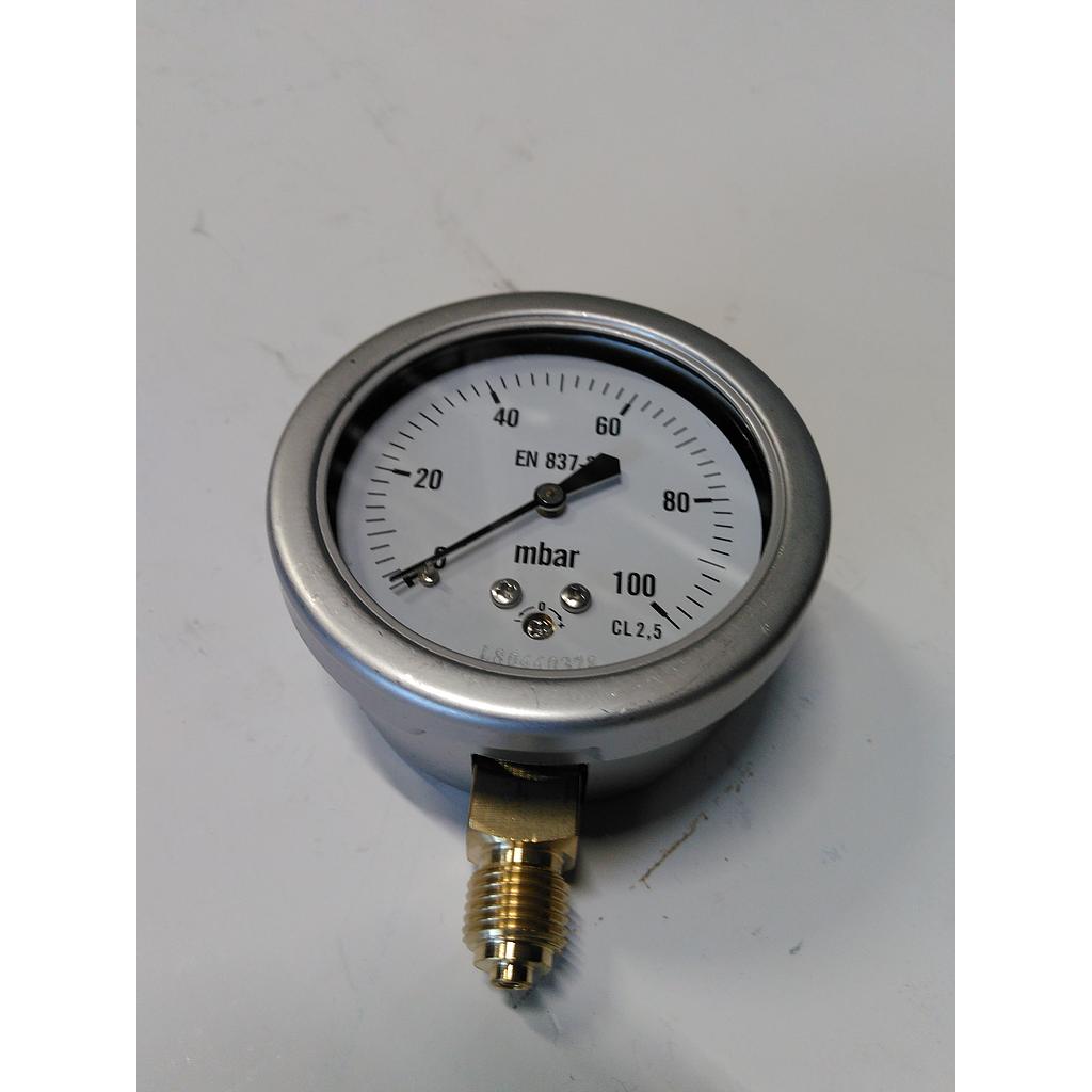 Manometro cassa inox - diametro 63 MM - per uso Gas - Attacco radiale in ottone da 1/4" Filettato Gas Maschio - Elemento interno capsula in ottone - Campo 0-100 mbar - Quadrante asciutto