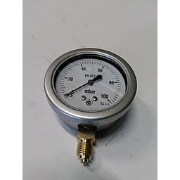 Manometro cassa inox - diametro 63 MM - per uso Gas - Attacco radiale in ottone da 1/4" Filettato Gas Maschio - Elemento interno capsula in ottone - Campo 0-100 mbar - Quadrante asciutto