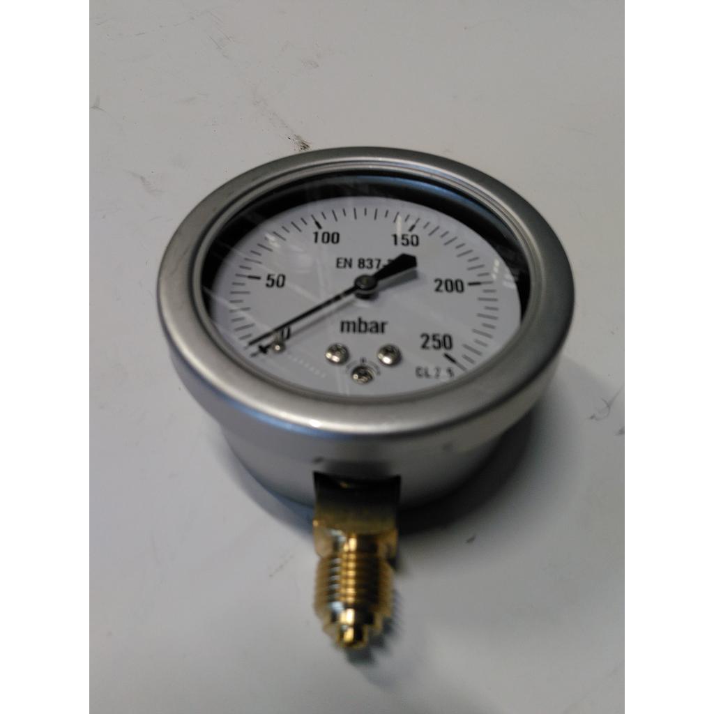 Manometro cassa inox - diametro 63 MM - per uso Gas - Attacco radiale in ottone da 1/4" Filettato Gas Maschio - Elemento interno capsula in ottone - Campo 0-250 mbar - Quadrante asciutto