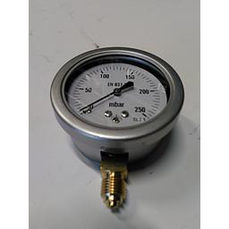 Manometro cassa inox - diametro 63 MM - per uso Gas - Attacco radiale in ottone da 1/4" Filettato Gas Maschio - Elemento interno capsula in ottone - Campo 0-250 mbar - Quadrante asciutto