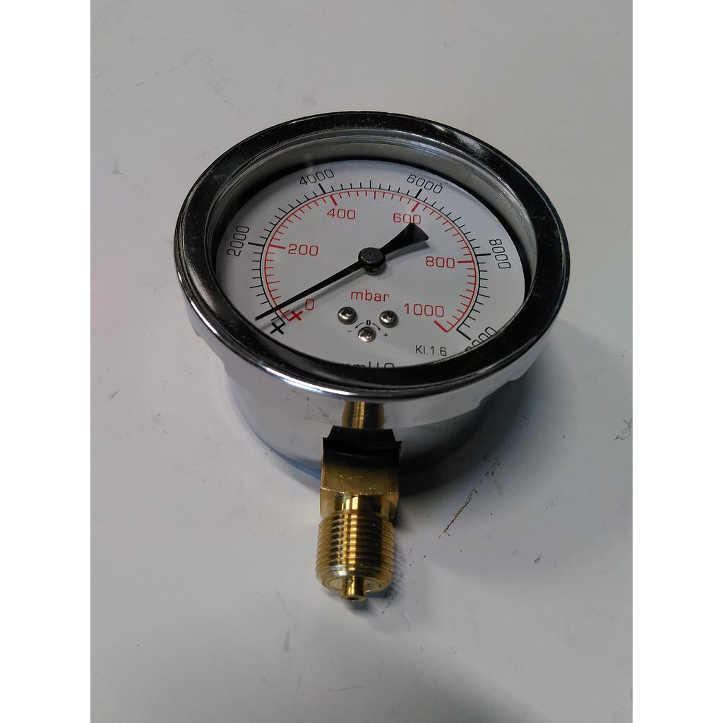 Manometro a membrana per gas - Diam. 80 mm - Attacco radiale in ottone 3/8" Gas Maschio - scala 0-1000 Mbar