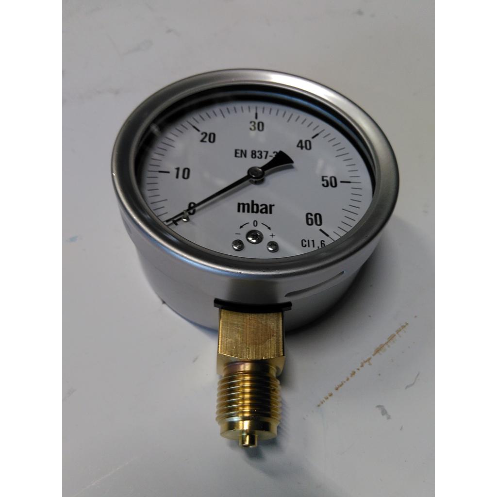 Manometro cassa inox diam. 100 - Aria/Gas - Campo 0-60 mbar - Attacco radiale in ottone 1/2&#34; Gas Maschio - Elemento interno capsula in ottone 