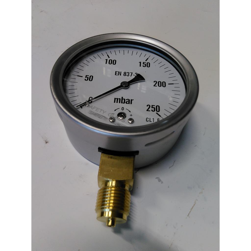 Manometro cassa inox - Diametro 100 MM - Aria/Gas - Campo 0-250 mbar - Attacco radiale in ottone 1/2&#34; Gas Maschio - Elemento interno capsula in ottone 