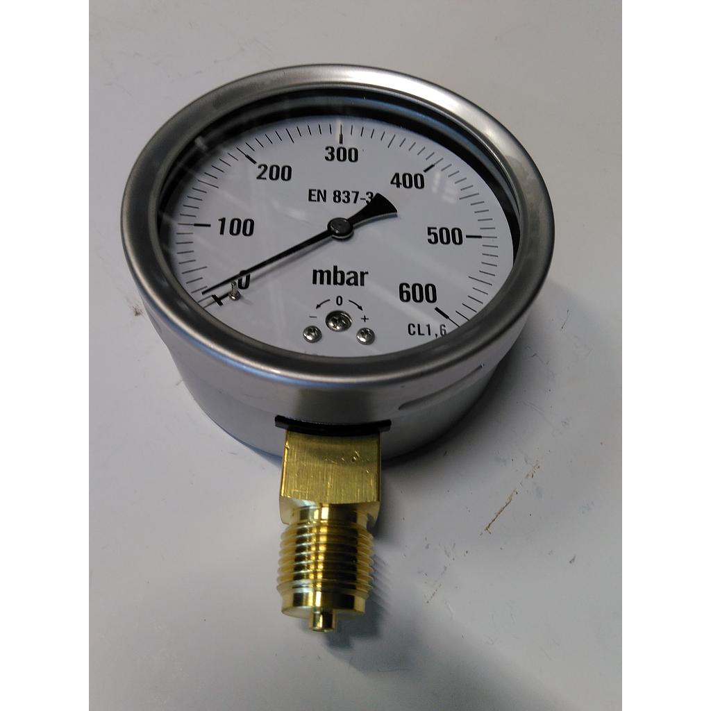 Manometro cassa inox diam. 100 - Aria/Gas - Campo 0-600 mbar - Attacco radiale in ottone 1/2" Gas Maschio - Elemento interno capsula in ottone 